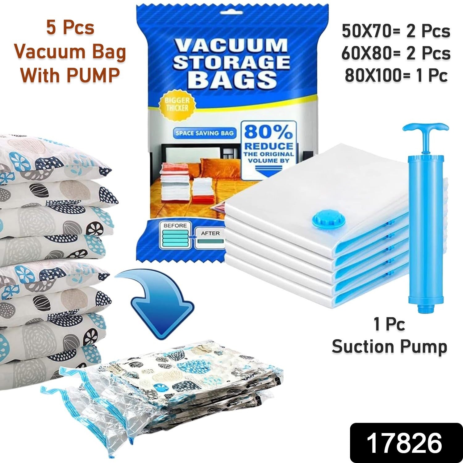 17826 Vacuum Storage Bags with Suction Pump & Shirt clips - Vacuum Bags - Big Capacity Vacuum Seal Bags for Travel Clothes Blankets Pillows, Compression Bags | Space Saver Vacuum Storage Bags (5 Pcs Set) 17826 Vacuum Storage Bags with Suction Pump & Shirt clips - Vacuum Bags - Big Capacity Vacuum Seal Bags for Travel Clothes Blankets Pillows, Compression Bags | Space Saver Vacuum Storage Bags (5 Pcs Set)